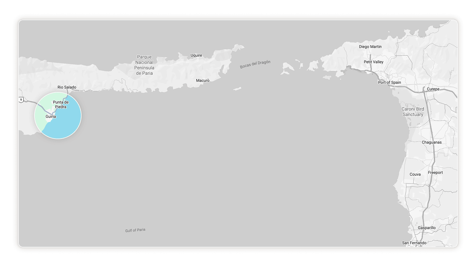 The crossing covers roughly 100 km of water through the Gulf of Paria and the Dragon's Mouth, from Güiria and Macuro to the coast of Trinidad.