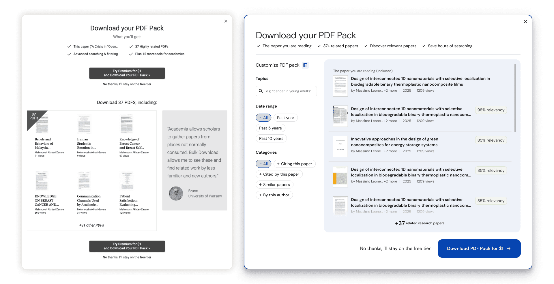 Academia.edu PDF Pack customization popup with topic, date range, and category filters