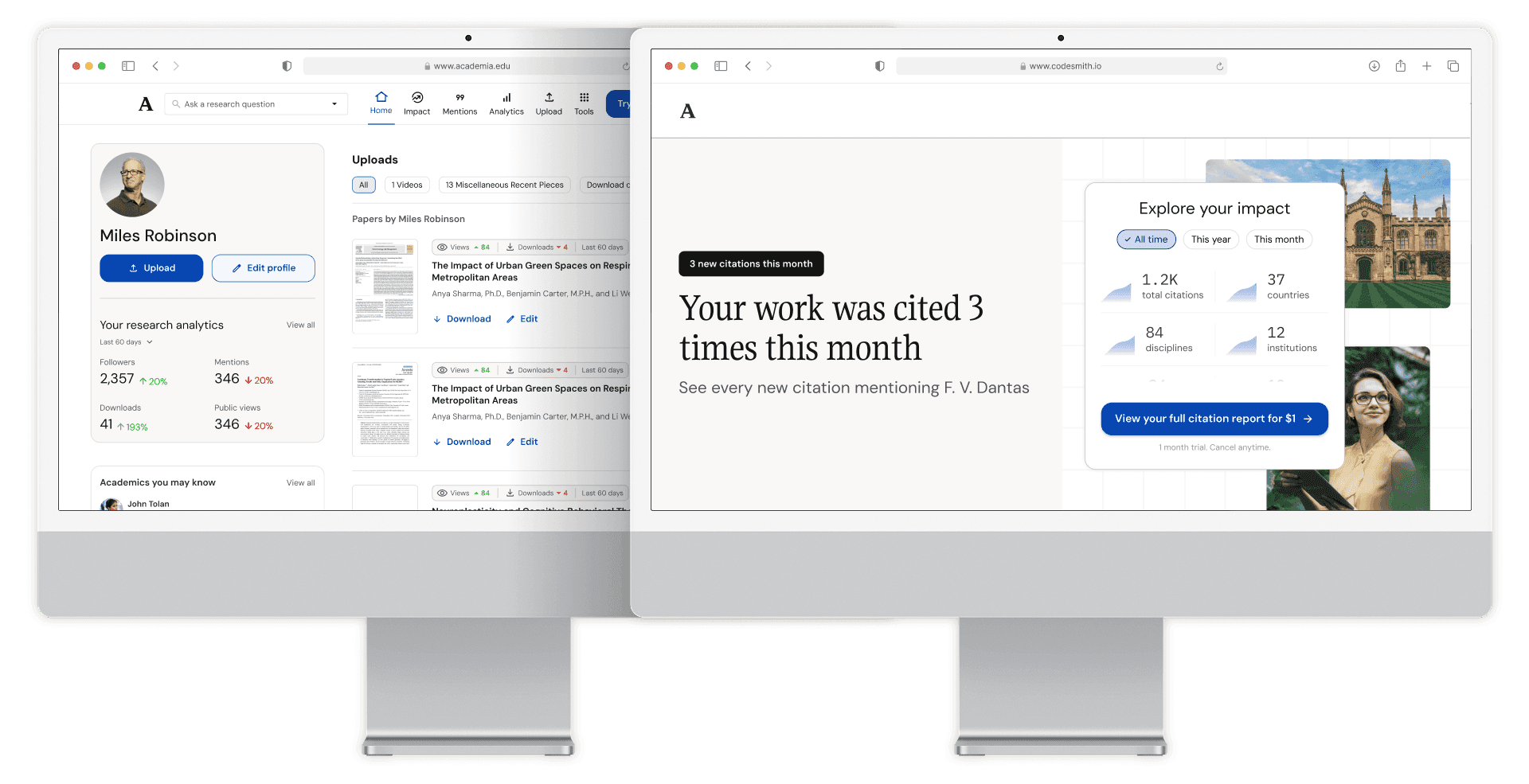 Academia.edu analytics paywall landing page previewing citation and impact data