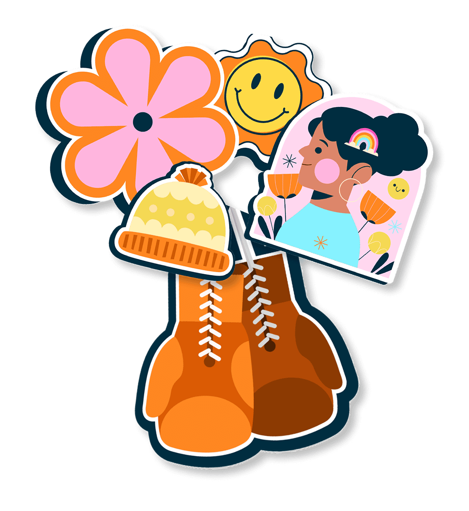Sticker-style illustrations from the book: a smiling sun, a pink flower, a knit beanie, worn boots, and a woman with a rainbow hair clip — everyday warmth instead of clinical cancer imagery.