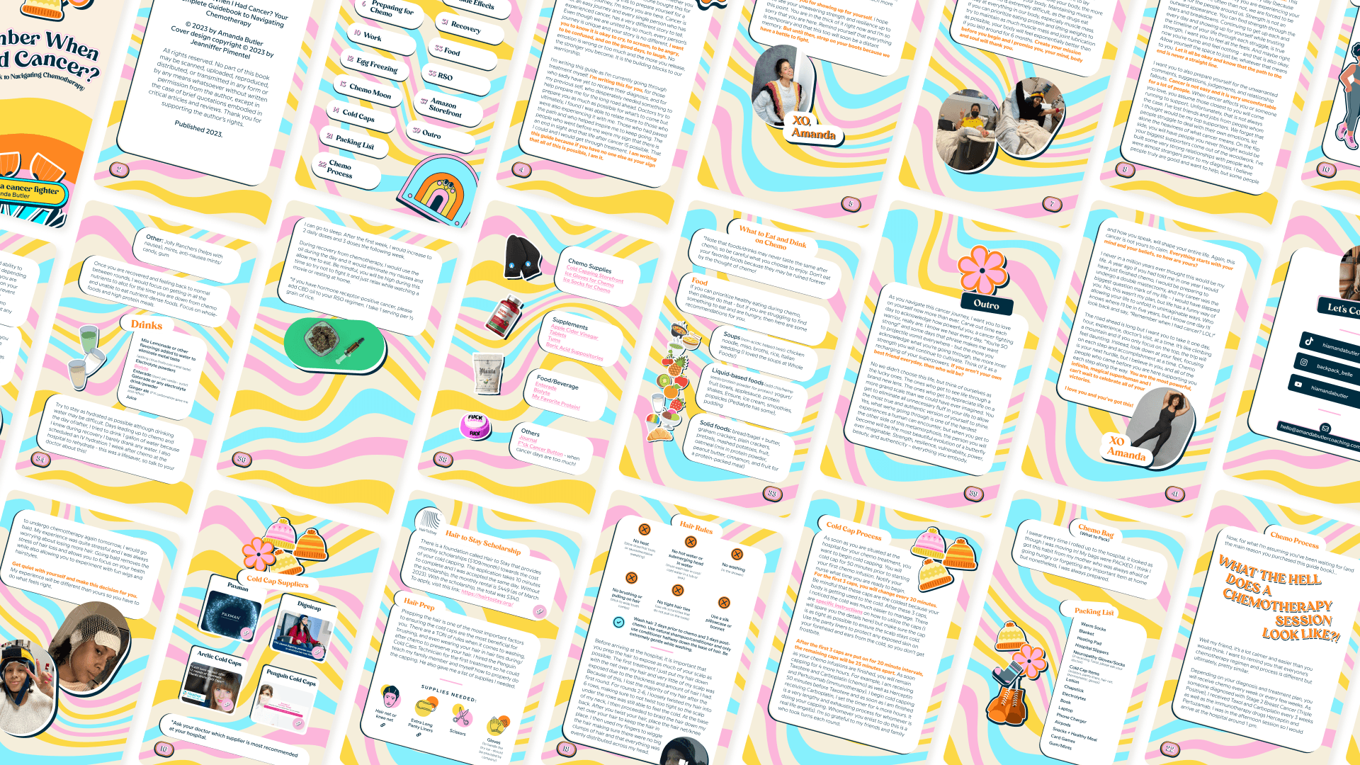 A tiled grid of interior spreads from the guidebook, showing the recurring orange, pink, and teal wave pattern, rounded hand-lettered headers, and personal photos woven through the chapters.
