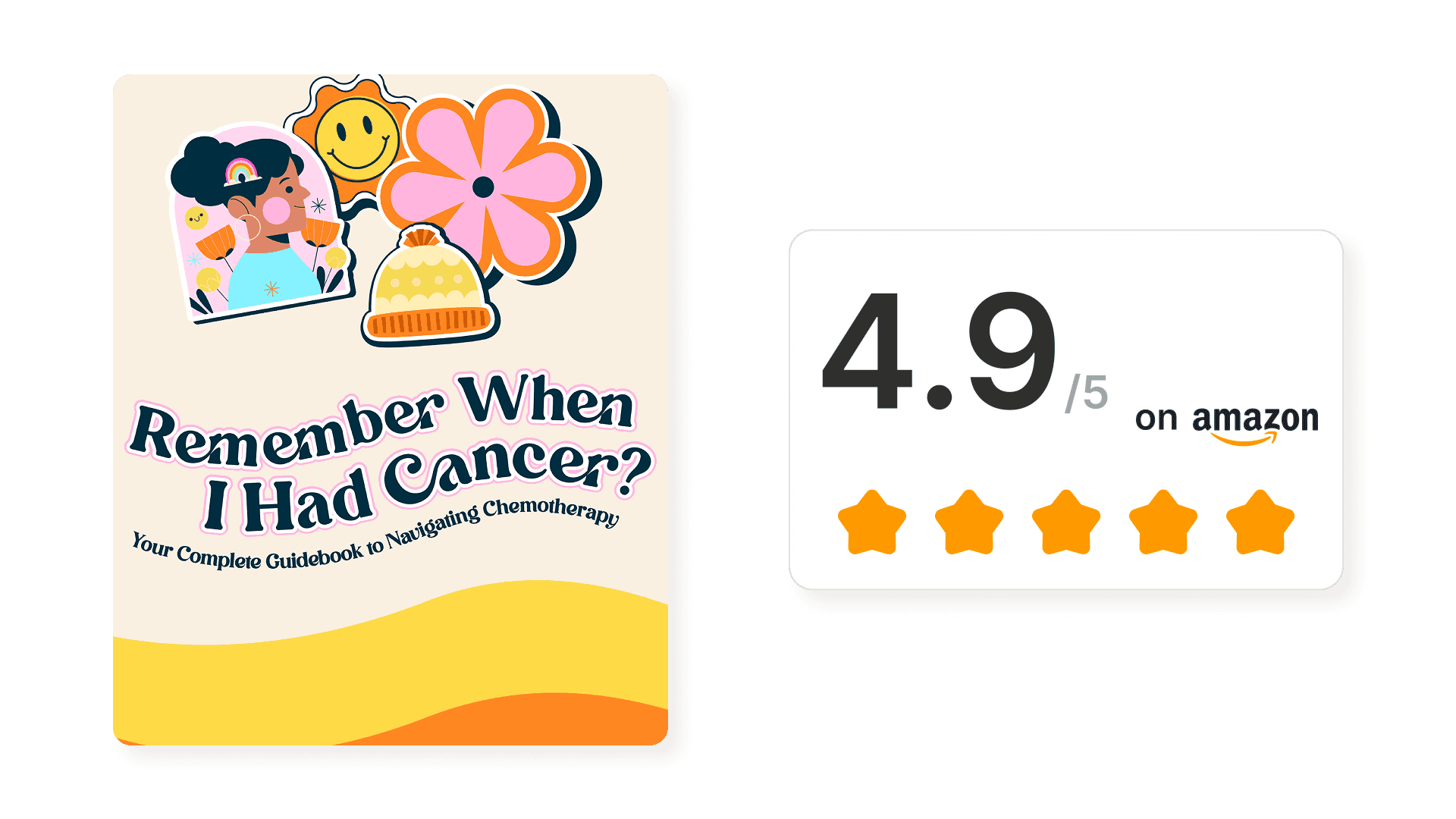 The book cover next to a rating card showing 4.9 out of 5 stars on Amazon.