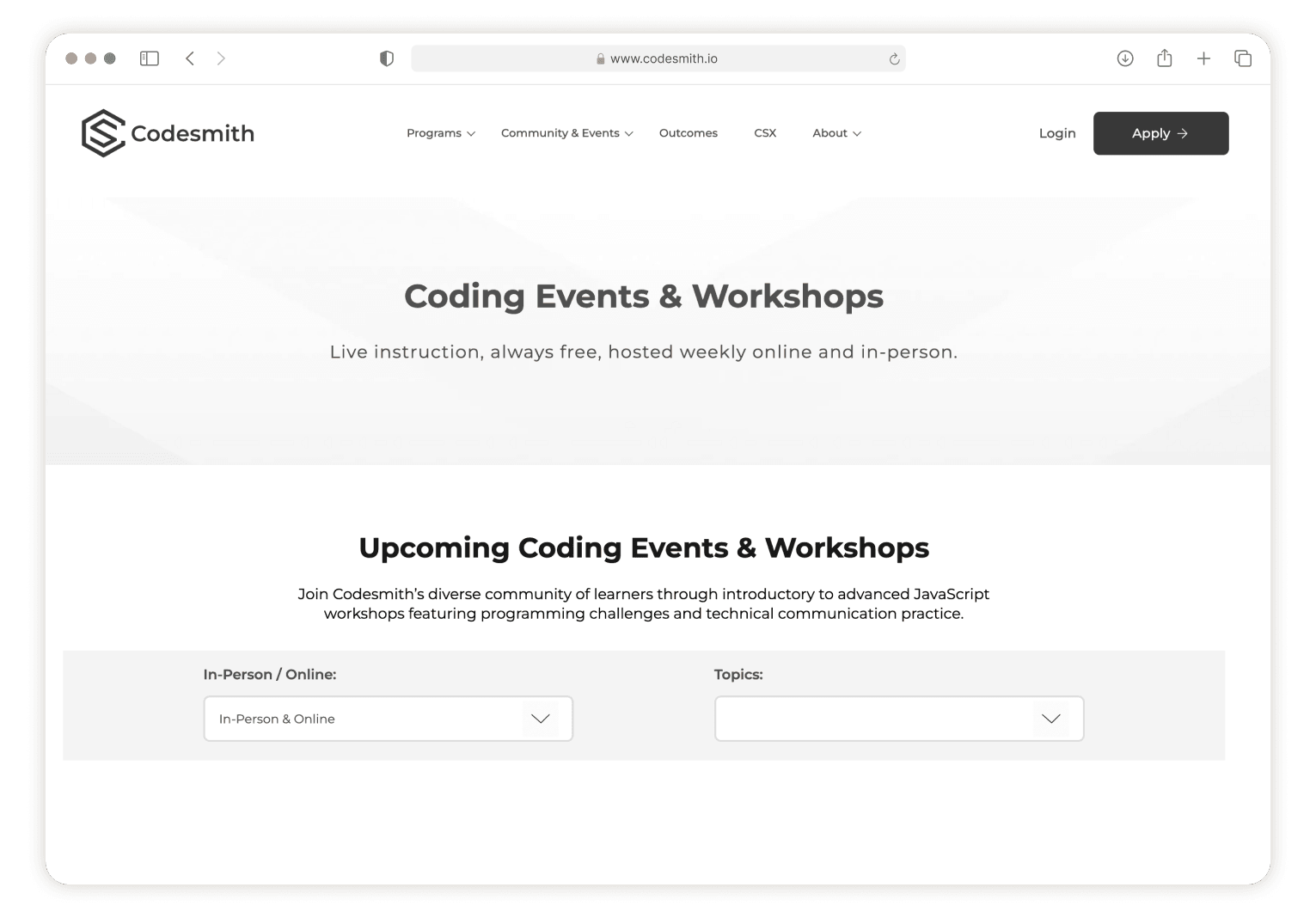 Codesmith events page before and after redesign, from a buried dropdown to a browsable calendar (after)