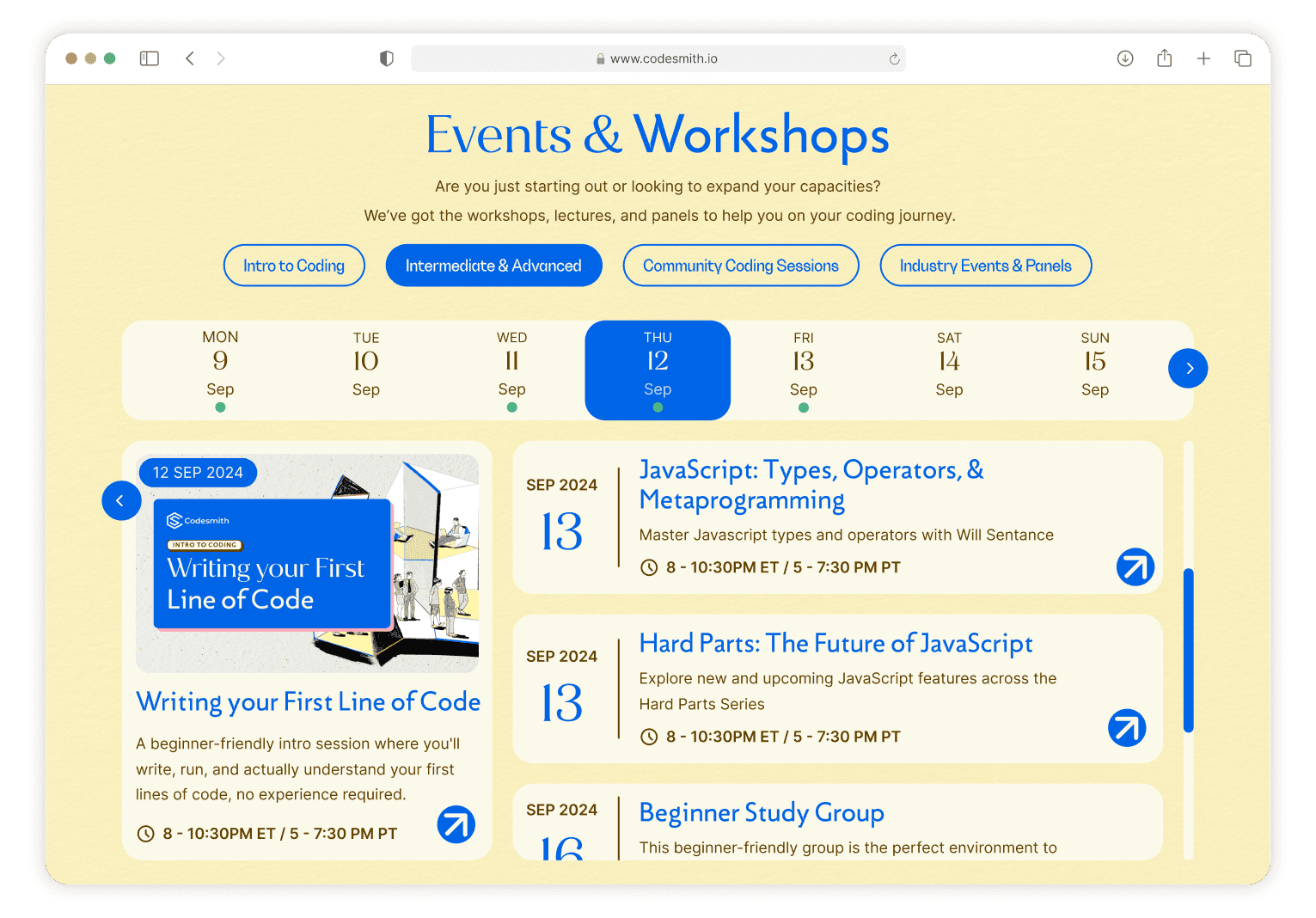 Codesmith events page before and after redesign, from a buried dropdown to a browsable calendar (before)