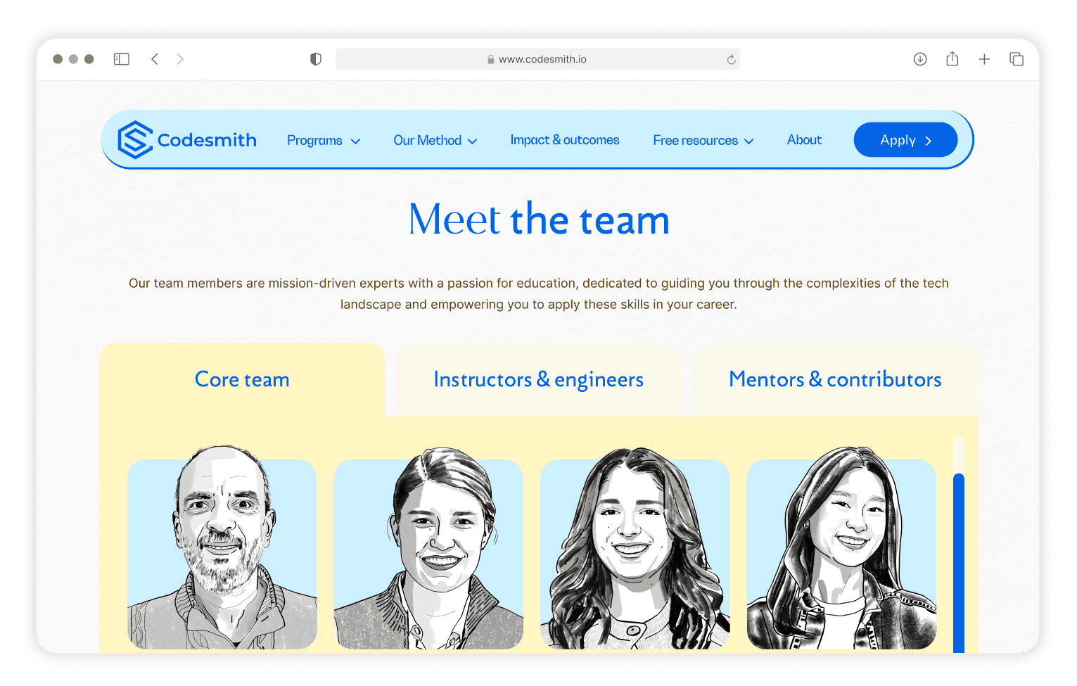 Codesmith website page featuring the Codesmith Method framework and team testimonials