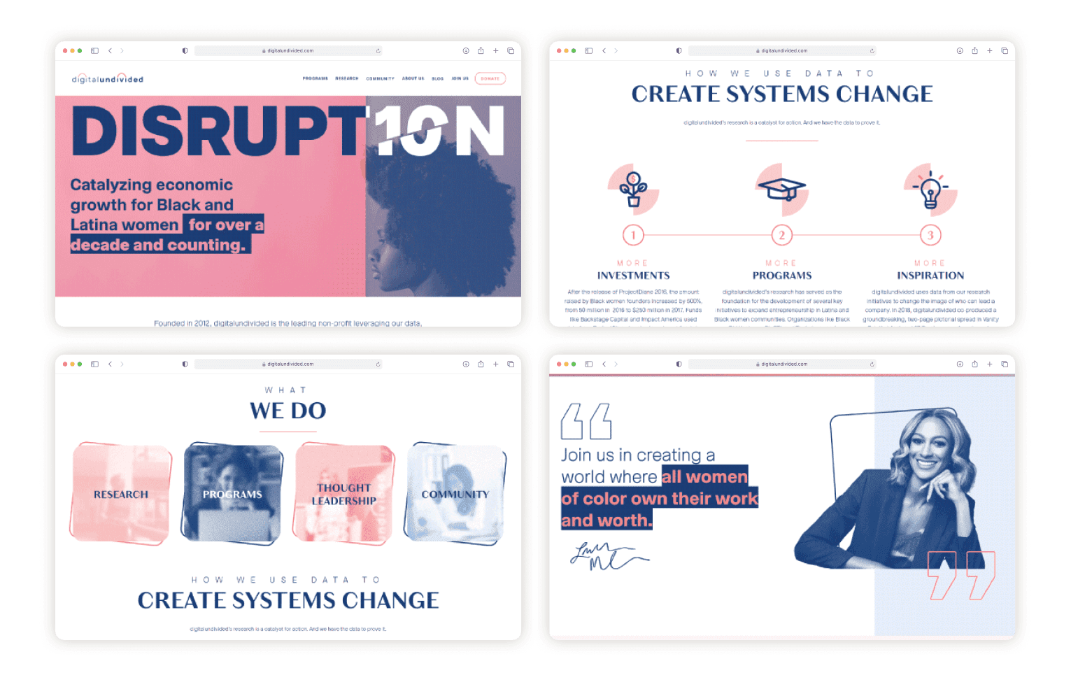 A homepage that leads with impact: the mission up front, the research data that backs it, a clear breakdown of what the org does, and the voices driving the work.
